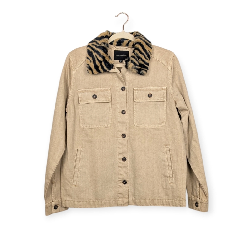 Velvet Heart Utility Jacket S Tan Zebra Faux Fur Collar Cozy Casual